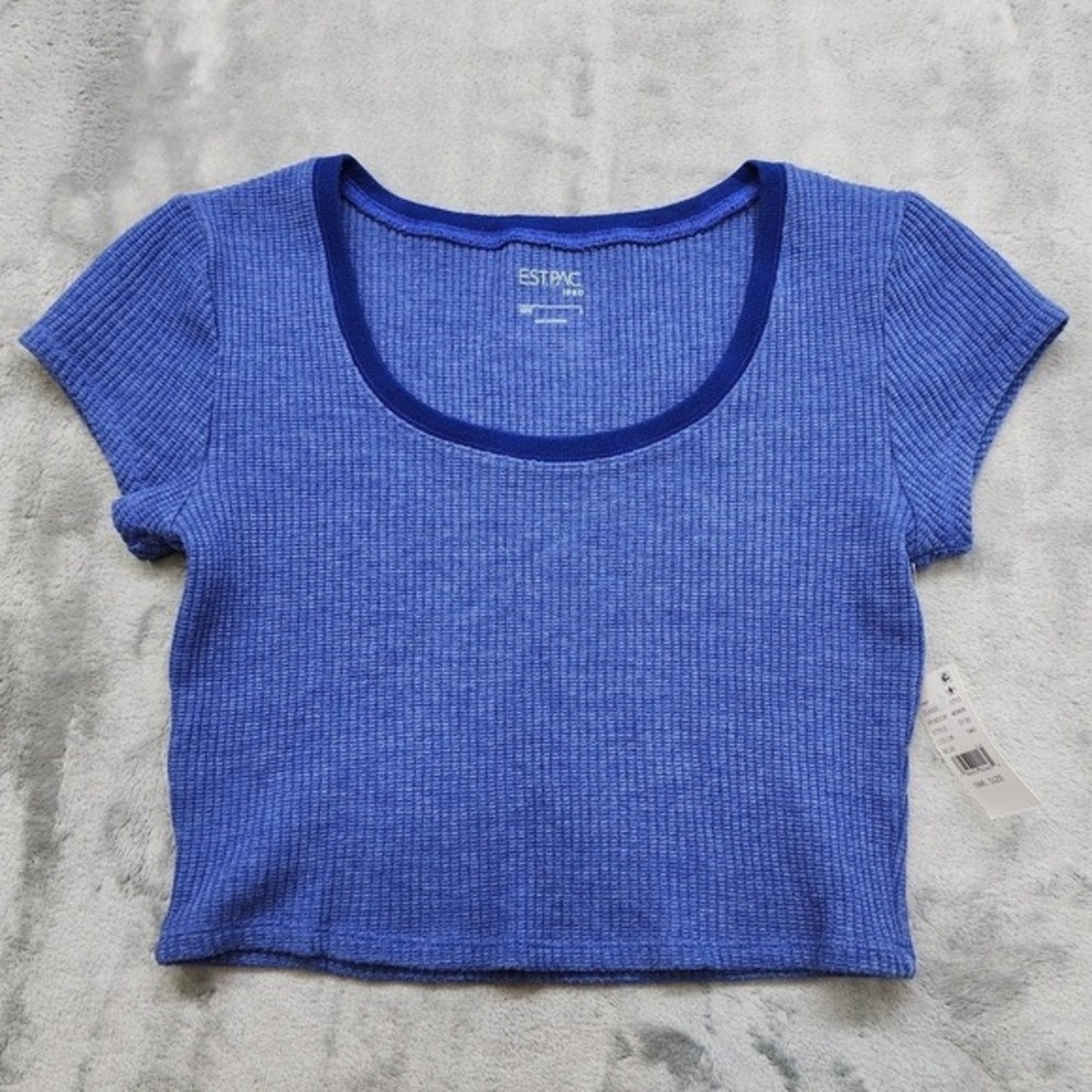 NEW Pacsun Top Womens S Blue Est PAC 1980 Samantha Crop Waffle Knit Tee Stretch